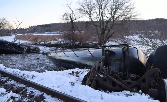 This photo provided by the Connecticut Division of Emergency Management and Homeland Security shows a freight train after it derailed in Mansfield, Conn., Thursday, Feb. 5, 2026. (Connecticut Division of Emergency Management and Homeland Security via AP)