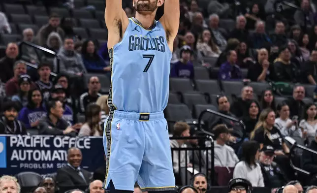 Memphis Grizzlies forward Santi Aldama (7) shoots a three point basket during the first half of an NBA basketball game against the Sacramento Kings, Wednesday, Feb. 4, 2026, in Sacramento, Calif. (AP Photo/Justine Willard)