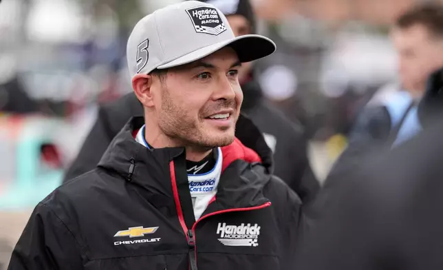 Kyle Larson looks on prior to NASCAR's The Clash preseason auto race at Bowman Gray Stadium, Wednesday, Feb. 4, 2026, in Winston-Salem, N.C. (AP Photo/Matt Kelley)