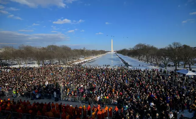 Buddhist monks arrive at the Lincoln Memorial during their Walk for Peace, in Washington, Wednesday, Feb., 11, 2026. (AP Photo/Rod Lamkey, Jr.)