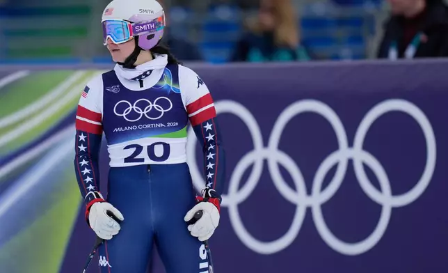 United States' Jacqueline Wiles at the finish area during an alpine ski, women's downhill official training, at the 2026 Winter Olympics, in Cortina d'Ampezzo, Italy, Friday, Feb. 6, 2026. (AP Photo/Giovanni Auletta)