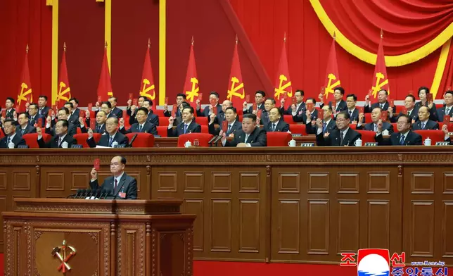 This photo provided on Friday, Feb. 20, 2026, by the North Korean government, North Korean leader Kim Jong Un, center, attends the ruling Workers’ Party Congress in Pyongyang, Thursday, Feb. 19, 2026. Independent journalists were not given access to cover the event depicted in this image distributed by the North Korean government. The content of this image is as provided and cannot be independently verified. Korean language watermark on image as provided by source reads: "KCNA" which is the abbreviation for Korean Central News Agency. (Korean Central News Agency/Korea News Service via AP)