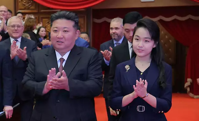 FILE - In this photo provided by the North Korean government, North Korean leader Kim Jong Un, center left, and his daughter, center right, arrive at the East Pyongyang Grand Theatre in Pyongyang, North Korea, June 29, 2025. Independent journalists were not given access to cover the event depicted in this image distributed by the North Korean government. The content of this image is as provided and cannot be independently verified. (Korean Central News Agency/Korea News Service via AP, File)