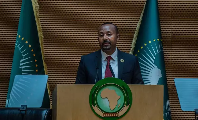 Ethiopia's Prime Minister Abiy Ahmed Ali delivers a speech during the second Italy-Africa Summit at the Addis International Convention Center in Addis Ababa, Ethiopia, Saturday, Feb. 14, 2026. (AP Photo/Amanuel Sileshi)