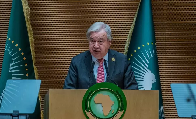 U.N. Secretary-General Antonio Guterres delivers a speech during the second Italy-Africa Summit at the Addis International Convention Center in Addis Ababa, Ethiopia, Saturday, Feb. 14, 2026. (AP Photo/Amanuel Sileshi)
