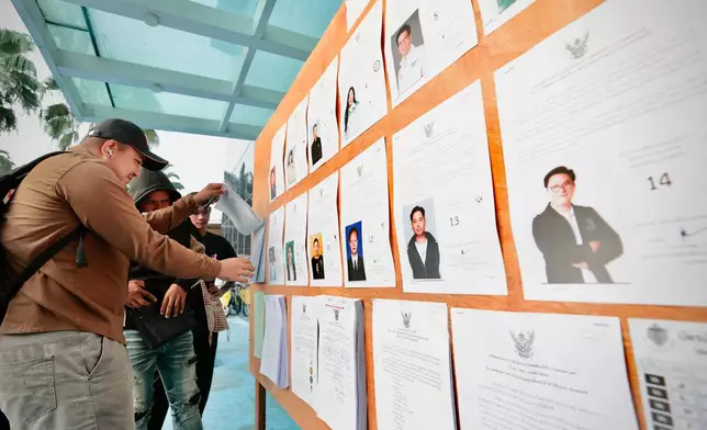 CORRECTS DATE TO 8, NOT 7 - Voters look at candidates listed on a display board before entering a voting station for the general election in Bangkok, on Sunday, Feb. 8, 2026. (AP Photo/Wason Wanichakorn)