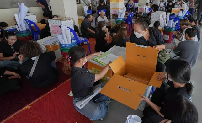 Volunteers check equipment and prepare ballot boxes for Sunday's general election in Bangkok, Thailand, Saturday, Feb. 7, 2026. (AP Photo/Sakchai Lalit)