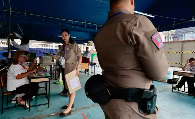 Police officers and volunteers prepare at a voting station for the general election in Bangkok, Sunday, Feb. 7, 2026. (AP Photo/Wason Wanichakorn)