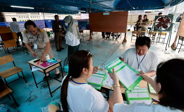 CORRECTS DATE TO 8, NOT 7 - Police officers and election volunteers prepare for the general election at a voting station in Bangkok, on Sunday, Feb. 8, 2026. (AP Photo/Wason Wanichakorn)