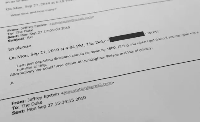 A document showing an email exchange between Jeffrey Epstein and Andrew Mountbatten-Windsor, formerly known as Prince Andrew, and who Epstein referred to as "The Duke," that was in a U.S. Department of Justice release, is photographed Saturday, Jan. 31, 2026. (AP Photo/Jon Elswick)
