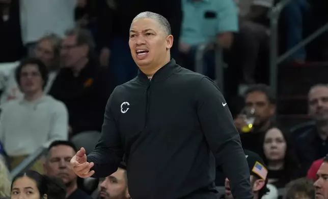Los Angeles Clippers head coach Tyronn Lue argues with officials during the first half of an NBA basketball game against the Phoenix Suns Sunday, Feb. 1, 2026, in Phoenix. (AP Photo/Ross D. Franklin)