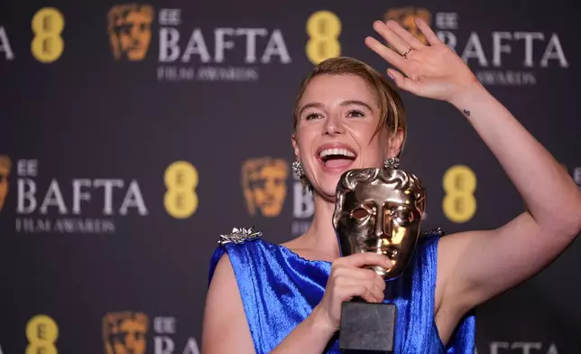 Jessie Buckley poses with the award for leading actress for 'Hamnet' at the 79th British Academy Film Awards, BAFTA's, in London, Sunday, Feb. 22, 2026. (AP Photo/Alastair Grant)