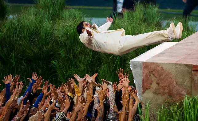 Bad Bunny performs during the halftime show of Super Bowl 60 between the Seattle Seahawks and New England Patriots in Santa Clara, Calif., Sunday, Feb. 8, 2026. (Stephen Lam/San Francisco Chronicle via AP)