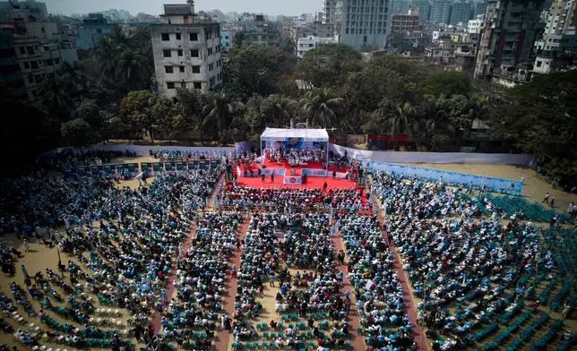 Jamaat-e-Islami leader Shafiqur Rahman and other leaders attend the last day of an election rally for Bangladesh Khilafat Majlis candidate Mamunul Haque, organized by the eleven party alliance in Dhaka, Bangladesh, Monday, Feb. 9, 2026. (AP Photo/Anupam Nath)