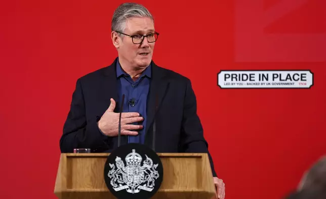 Britain's Prime Minister Keir Starmer delivers a speech at Horntye Park Sports Complex in St Leonards-on-Sea, East Sussex, England, Thursday, Feb. 5, 2026. (Peter Nicholls/Pool Photo via AP)