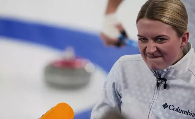 United States' Cory Thiesse dejects as she competes against Sweden during the gold medal mixed doubles curling match, at the 2026 Winter Olympics, in Cortina D'Ampezzo, Italy, Tuesday, Feb. 10, 2026. (AP Photo/Misper Apawu)