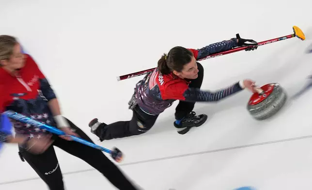 United States' Tabitha Peterson competes during a women's curling semifinal match against Switzerland, at the 2026 Winter Olympics, in Cortina d'Ampezzo, Italy, Friday, Feb. 20, 2026. (AP Photo/Fatima Shbair)