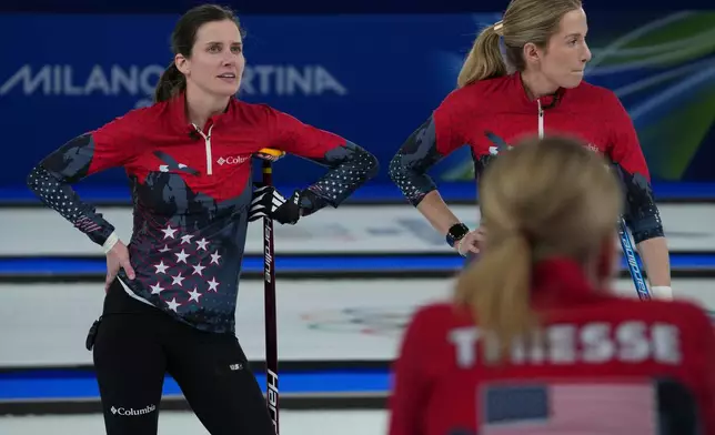 United States' Tara Peterson looks on during a women's curling semifinal match against Switzerland, at the 2026 Winter Olympics, in Cortina d'Ampezzo, Italy, Friday, Feb. 20, 2026. (AP Photo/Misper Apawu)