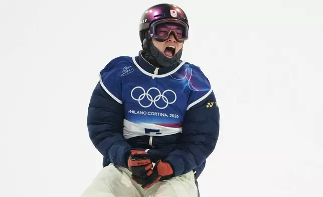 Japan's Kira Kimura reacts during the men's snowboarding big air finals at the 2026 Winter Olympics, in Livigno, Italy, Saturday, Feb. 7, 2026. (AP Photo/Lindsey Wasson)