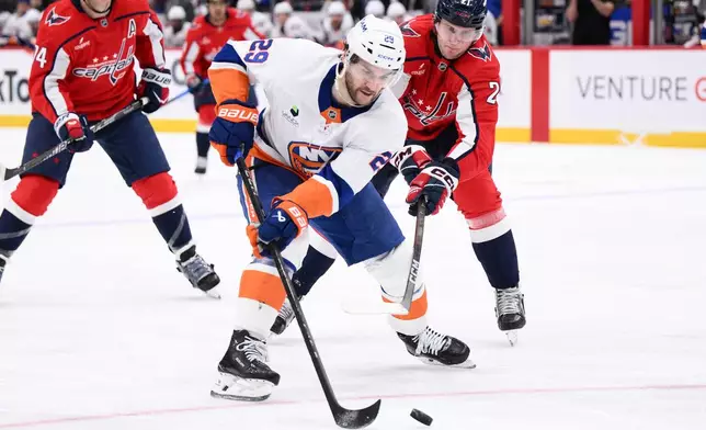 New York Islanders left wing Jonathan Drouin (29) skates with the puck in front of Washington Capitals center Aliaksei Protas (21) during the second period of an NHL hockey game, Monday, Feb. 2, 2026, in Washington. (AP Photo/Nick Wass)