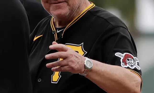 FILE - Retired Pittsburgh Pirates player Bill Mazeroski reacts to fans befoe a spring training baseball game between the Pittsburgh Pirates and the Boston Red Sox Wednesday, Feb. 26, 2020, in Bradenton, Fla. (AP Photo/Frank Franklin II, File)