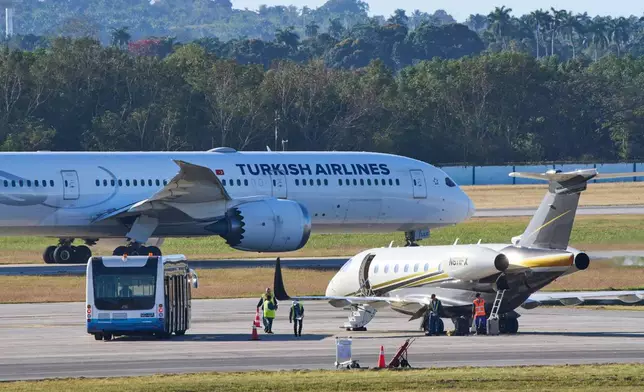 A Turkish Airlines aircraft prepares for take-off at José Martí International Airport in Havana, Cuba, Monday, Feb. 9, 2026. (AP Photo/Ramon Espinosa)
