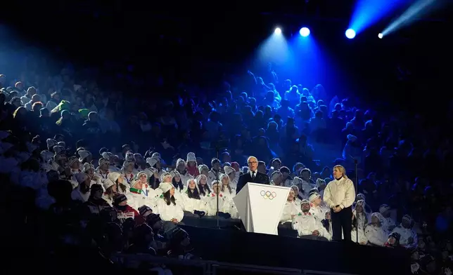 President of the Milan Cortina 2026 foundation Giovanni Malago speaks as IOC President Kirsty Coventry, right, stands nearby during the closing ceremony of the 2026 Winter Olympics, in Verona, Italy, Sunday, Feb. 22, 2026. (AP Photo/Natacha Pisarenko)