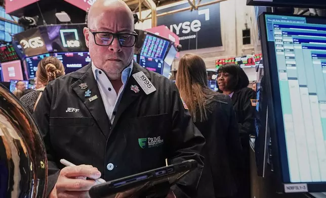 Trader Jeffrey Vazquez works on the floor of the New York Stock Exchange, Thursday, Feb. 5, 2026. (AP Photo/Richard Drew)