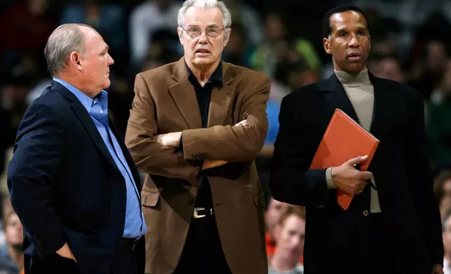 FILE - Denver Nuggets head coach George Karl, left, chats with assistant coaches Doug Moe, center, and Adrian Dantley during a time out against the Los Angeles Clippers in the first quarter of an exhibition NBA basketball game in Denver on Oct. 9, 2007. (AP Photo/David Zalubowski, File)