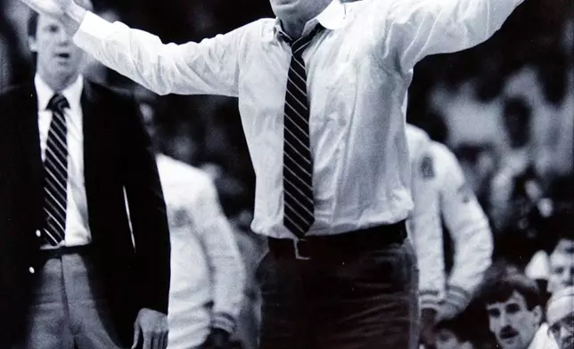 FILE - Denver Nuggets head coach Doug Moe argues a call by the refs during a game against the LA Lakers in Denver on May 20, 1985. (AP Photo/Ed Andrieski, File)