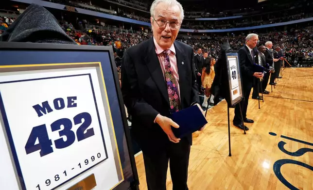 FILE - Retired Denver Nuggets head coach Doug Moe stands next to his retired number during the team's 50th anniversary celebration before the second half of an NBA basketball game, Oct. 21, 2017, in Denver. (AP Photo/David Zalubowski, File)