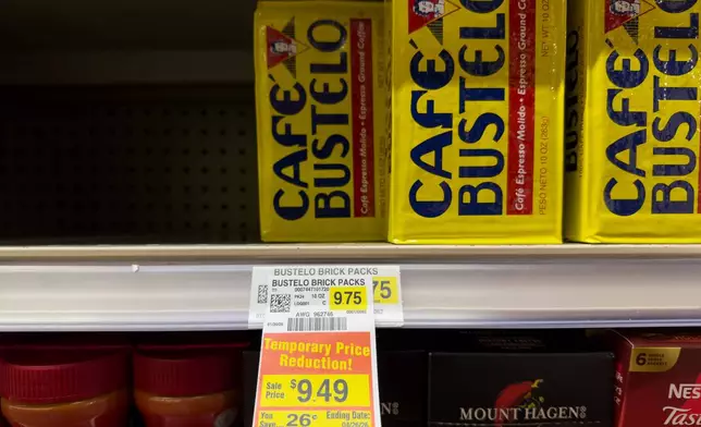 Coffee is for sale at a grocery store Monday, Feb. 9, 2026, in Chicago. (AP Photo/Erin Hooley)