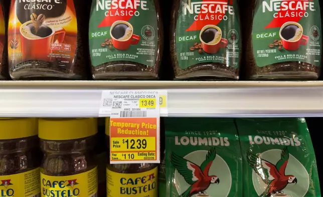 Coffee is for sale at a grocery store Monday, Feb. 9, 2026, in Chicago. (AP Photo/Erin Hooley)