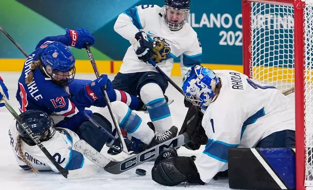 Finland's Sanni Ahola, right, makes a save against United States' Grace Zumwinkle during a preliminary round match of women's ice hockey between the United States and Finland at the 2026 Winter Olympics, in Milan, Italy, Saturday, Feb. 7, 2026. (AP Photo/Petr David Josek)