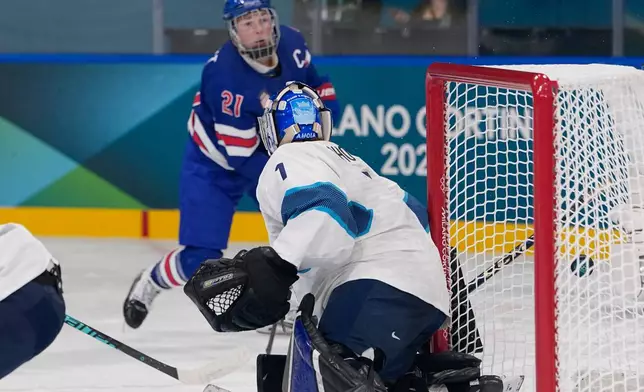 United States' Hilary Knight, back, shoots to score past Finland's Sanni Ahola during a preliminary round match of women's ice hockey between the United States and Finland at the 2026 Winter Olympics, in Milan, Italy, Saturday, Feb. 7, 2026. (AP Photo/Petr David Josek)
