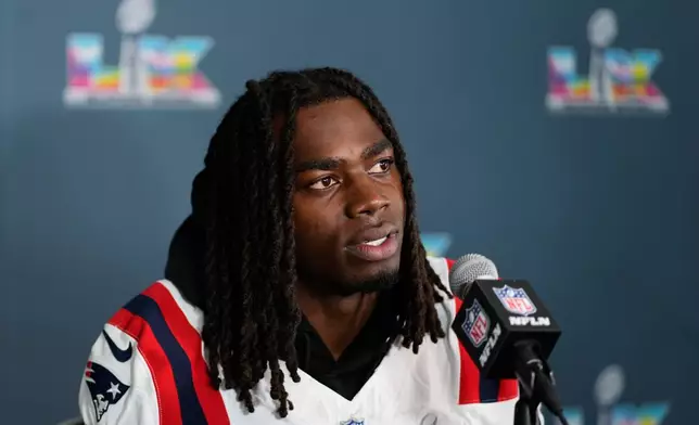 New England Patriots running back Rhamondre Stevenson talks to the media during a news conference Wednesday, Feb. 4, 2026, in Santa Clara, Calif., ahead of the Super Bowl 60 NFL football game between the Seattle Seahawks and the New England Patriots. (AP Photo/Charlie Riedel)