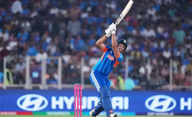 India's Shivam Dube plays a shot during the T20 World Cup cricket match between India and Netherlands in Ahmedabad, India, Wednesday, Feb. 18, 2026. (AP Photo/Ajit Solanki)
