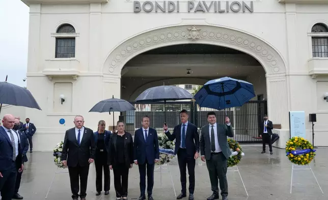 Israel's President Isaac Herzog, center right, visits Bondi Beach where the Dec. 2025 shooting took place, in Sydney, Monday, Feb. 9, 2026. (AP Photo/Rick Rycroft)