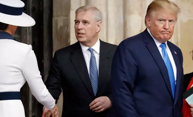 FILE - President Donald Trump, right, and first lady Melania Trump, left, accompanied by Britain's Prince Andrew, leave after a tour of Westminster Abbey in London, June 3, 2019. (AP Photo/Matt Dunham, File)