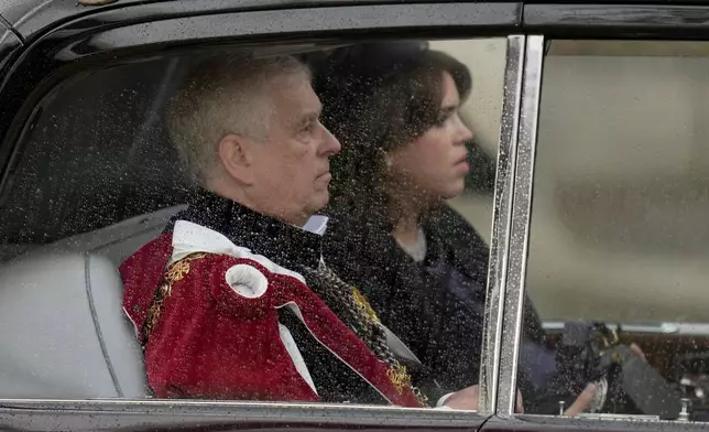 FILE - Britain's Prince Andrew and Princess Eugenie arrive ahead of the coronation of King Charles III and Camilla, the Queen Consort, in London, Saturday, May 6, 2023. (AP Photo/Kin Cheung, File)