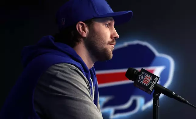 Buffalo Bills quarterback Josh Allen speaks at a NFL news conference in Orchard Park, N.Y., Thursday, Jan. 29, 2026. (AP Photo/Jeffrey T. Barnes)