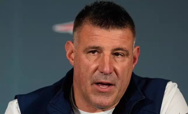 New England Patriots head coach Mike Vrabel talks to the media during a news conference Wednesday, Feb. 4, 2026, in Santa Clara, Calif., ahead of the Super Bowl 60 NFL football game between the Seattle Seahawks and the New England Patriots. (AP Photo/Charlie Riedel)