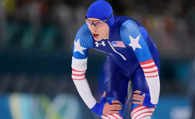 Jordan Stolz of the U.S. took a silver medal in the men's 1500 meters speedskating race at the 2026 Winter Olympics, in Milan, Italy, Thursday, Feb. 19, 2026. (AP Photo/Luca Bruno)