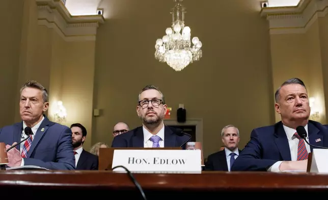 From left, Rodney Scott, commissioner of U.S. Customs and Border Protection, Joseph Edlow, director of U.S. Citizenship and Immigration Services and Todd Lyons, acting director of the U.S. Immigration and Customs Enforcement, testify during a House Committee on Homeland Security oversight hearing of the Department of Homeland Security: ICE CBP and USCIS, on Capitol Hill, Tuesday, Feb. 10, 2026, in Washington. (AP Photo/Tom Brenner)