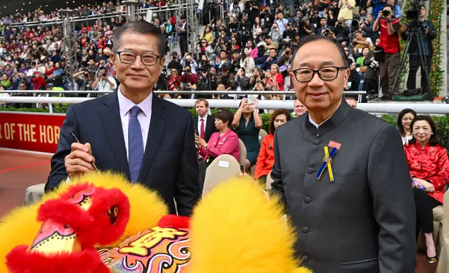 The Hon Paul Chan, Financial Secretary of the Government of the Hong Kong Special Administrative Region (left); The Hon Martin Liao, Chairman of The Hong Kong Jockey Club (right) at the opening ceremony of the 2026 Year of the Horse Raceday. Photo source: the Hong Kong Jockey Club