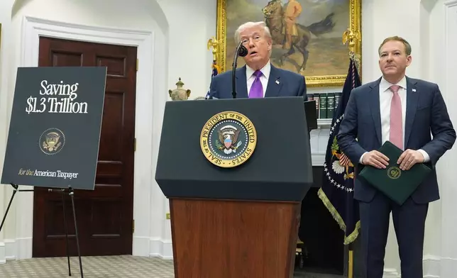 President Donald Trump speaks during an event with Environmental Protection Agency director Lee Zeldin announcing that the EPA will no longer regulate greenhouse gases, in the Roosevelt Room of the White House, Thursday, Feb. 12, 2026, in Washington. (AP Photo/Evan Vucci)