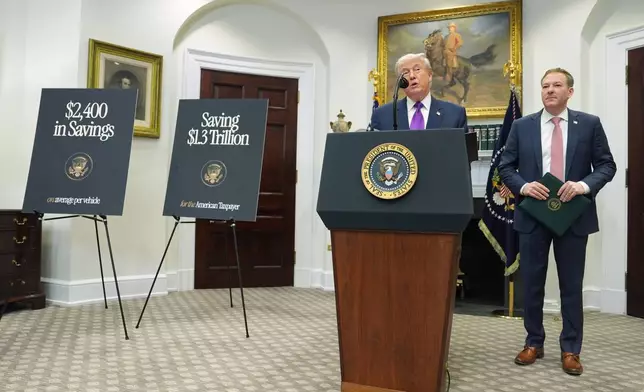President Donald Trump speaks during an event with Environmental Protection Agency director Lee Zeldin announcing that the EPA will no longer regulate greenhouse gases, in the Roosevelt Room of the White House, Thursday, Feb. 12, 2026, in Washington. (AP Photo/Evan Vucci)
