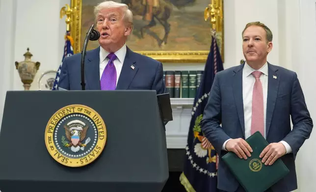 President Donald Trump speaks during an event with Environmental Protection Agency director Lee Zeldin announcing that the EPA will no longer regulate greenhouse gases, in the Roosevelt Room of the White House, Thursday, Feb. 12, 2026, in Washington. (AP Photo/Evan Vucci)