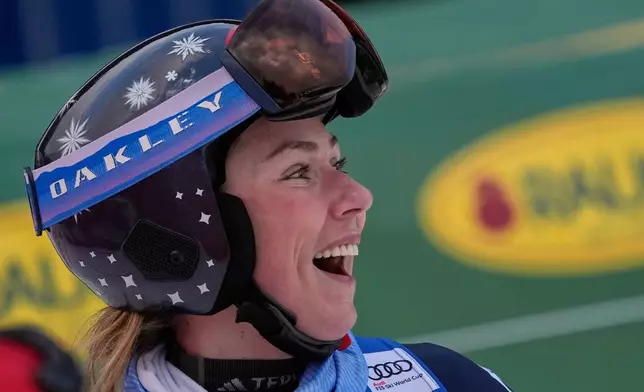 United States' Mikaela Shiffrin at finish line during a women's alpine ski, World Cup giant slalom, in Spindleruv Mlyn, Czech Republic, Saturday, Jan. 24, 2026. (AP Photo/Giovanni Auletta)