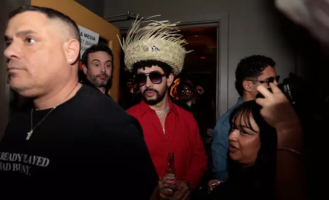 Winner of the Bad Bunny look-alike contest, Abdul Arroyave, at Tacolicious in San Francisco, on Feb. 5, 2026. (Giselle Garza Lerma/San Francisco Chronicle via AP)